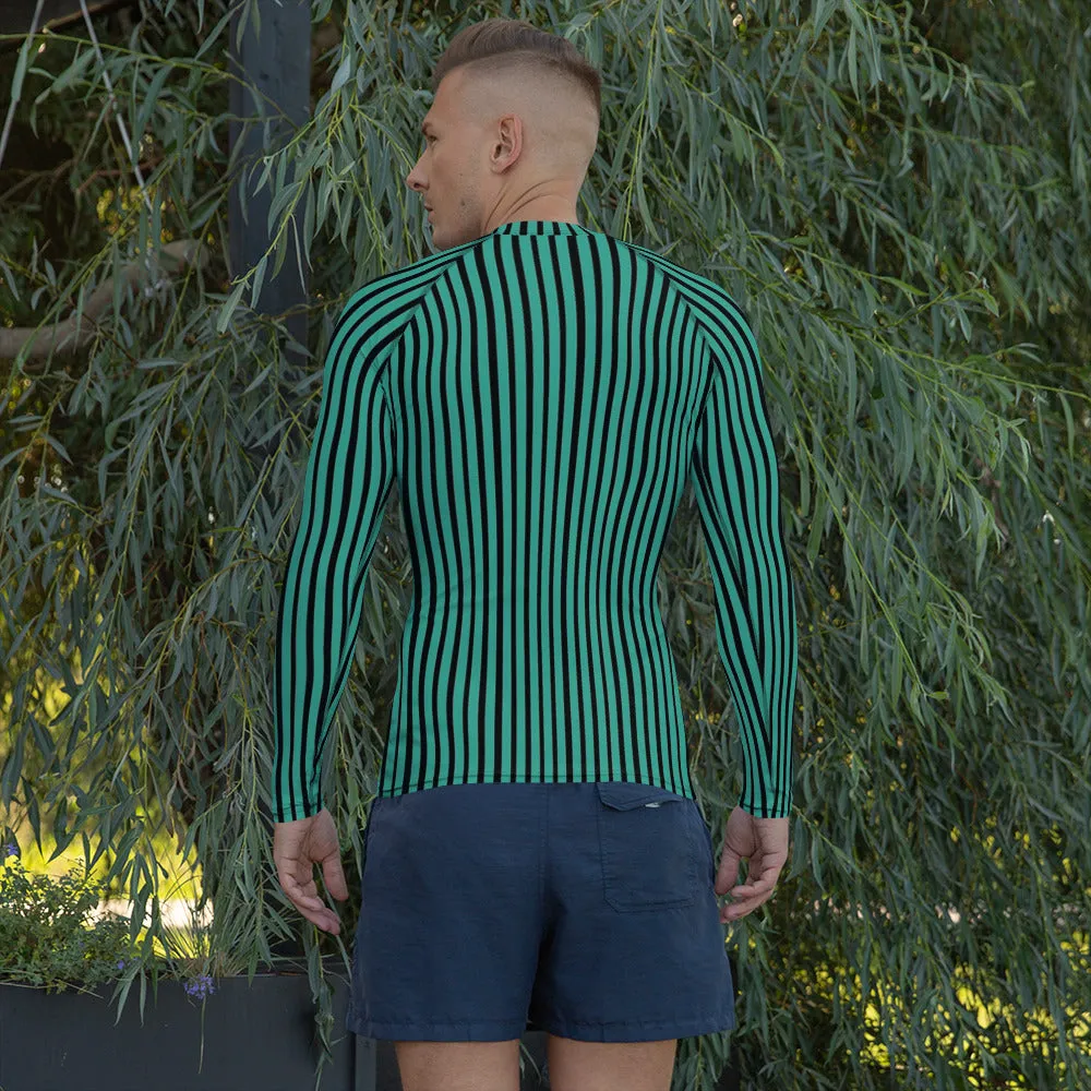 Green Striped Printed Men's Top, Green Black Stripes Print Best Men's Rash Guard UPF 50  Long Sleeves Designer Polyester Spandex Sportswear