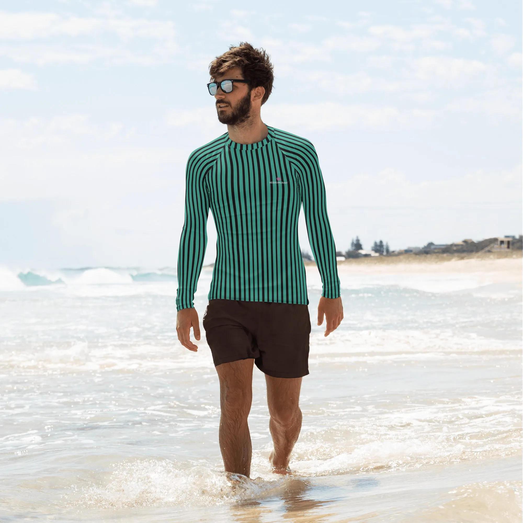 Green Striped Printed Men's Top, Green Black Stripes Print Best Men's Rash Guard UPF 50  Long Sleeves Designer Polyester Spandex Sportswear