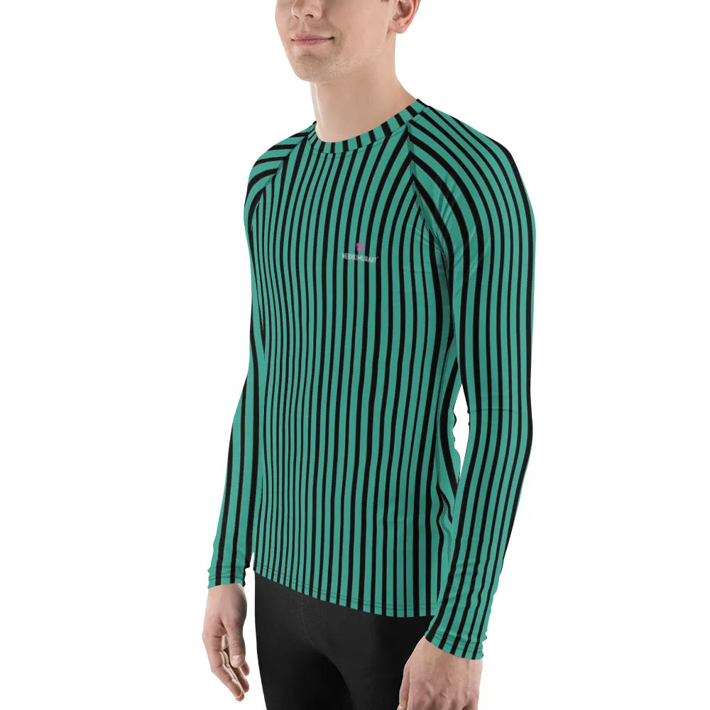 Green Striped Printed Men's Top, Green Black Stripes Print Best Men's Rash Guard UPF 50  Long Sleeves Designer Polyester Spandex Sportswear