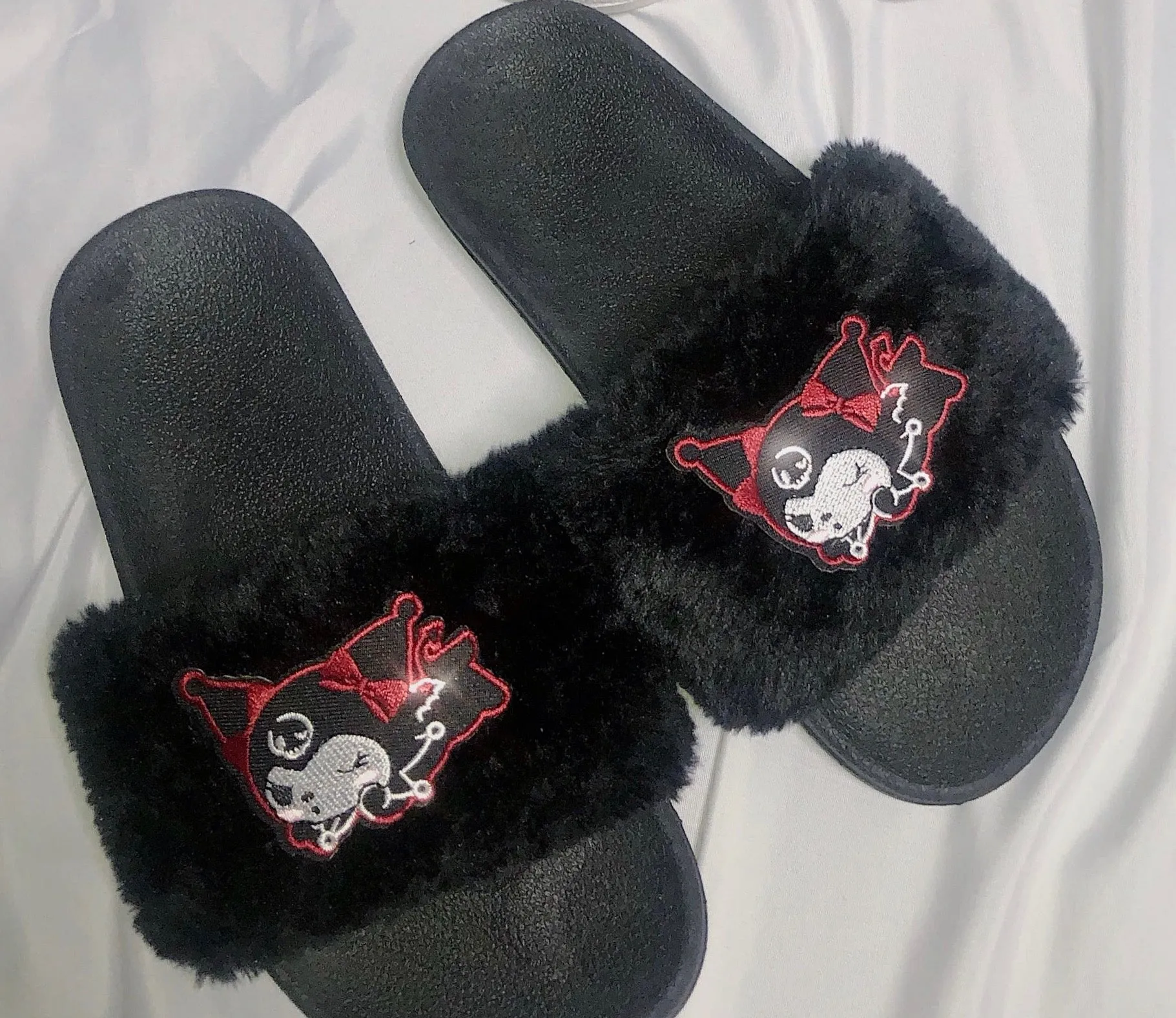 Kuromi Plush Pool Slippers Black and white