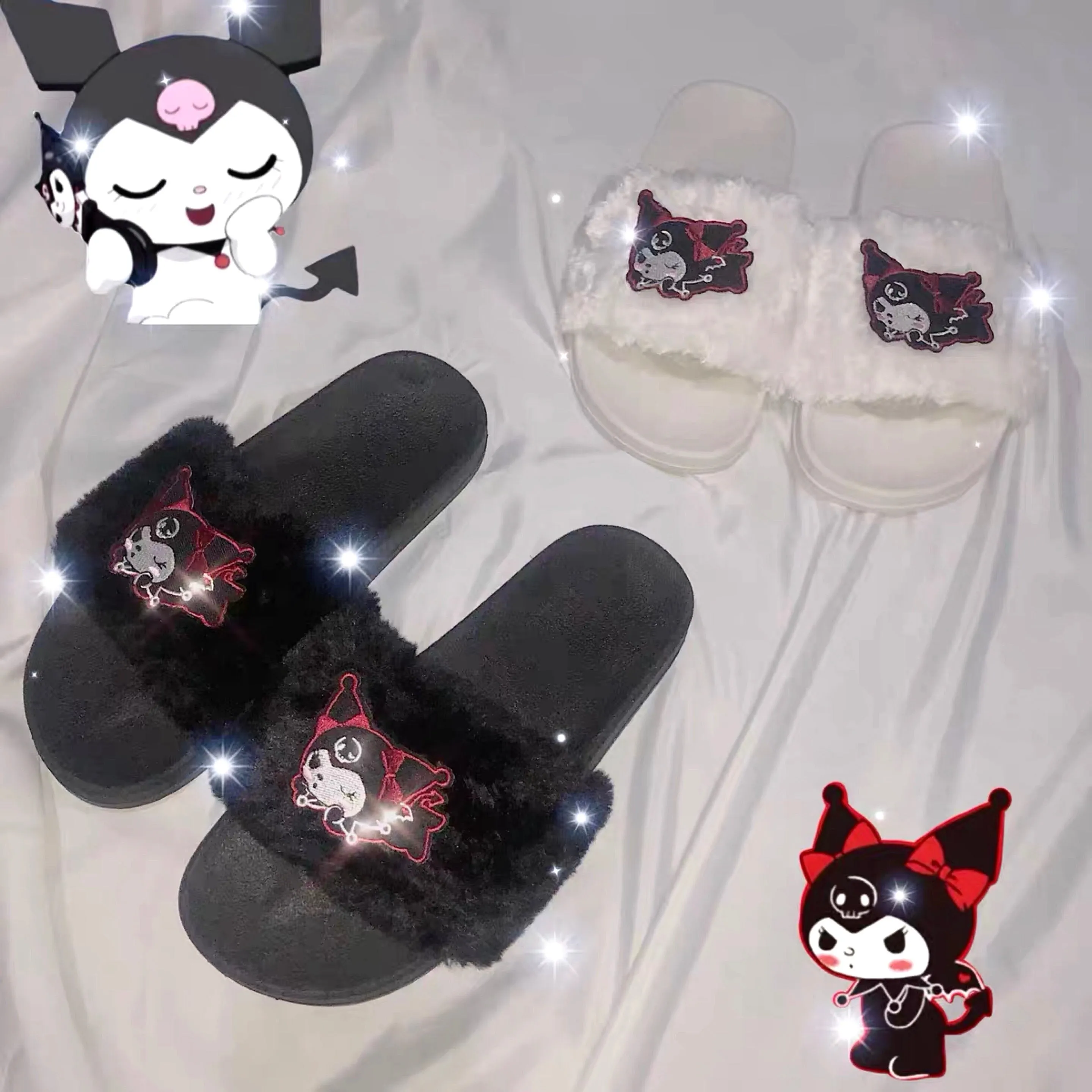 Kuromi Plush Pool Slippers Black and white