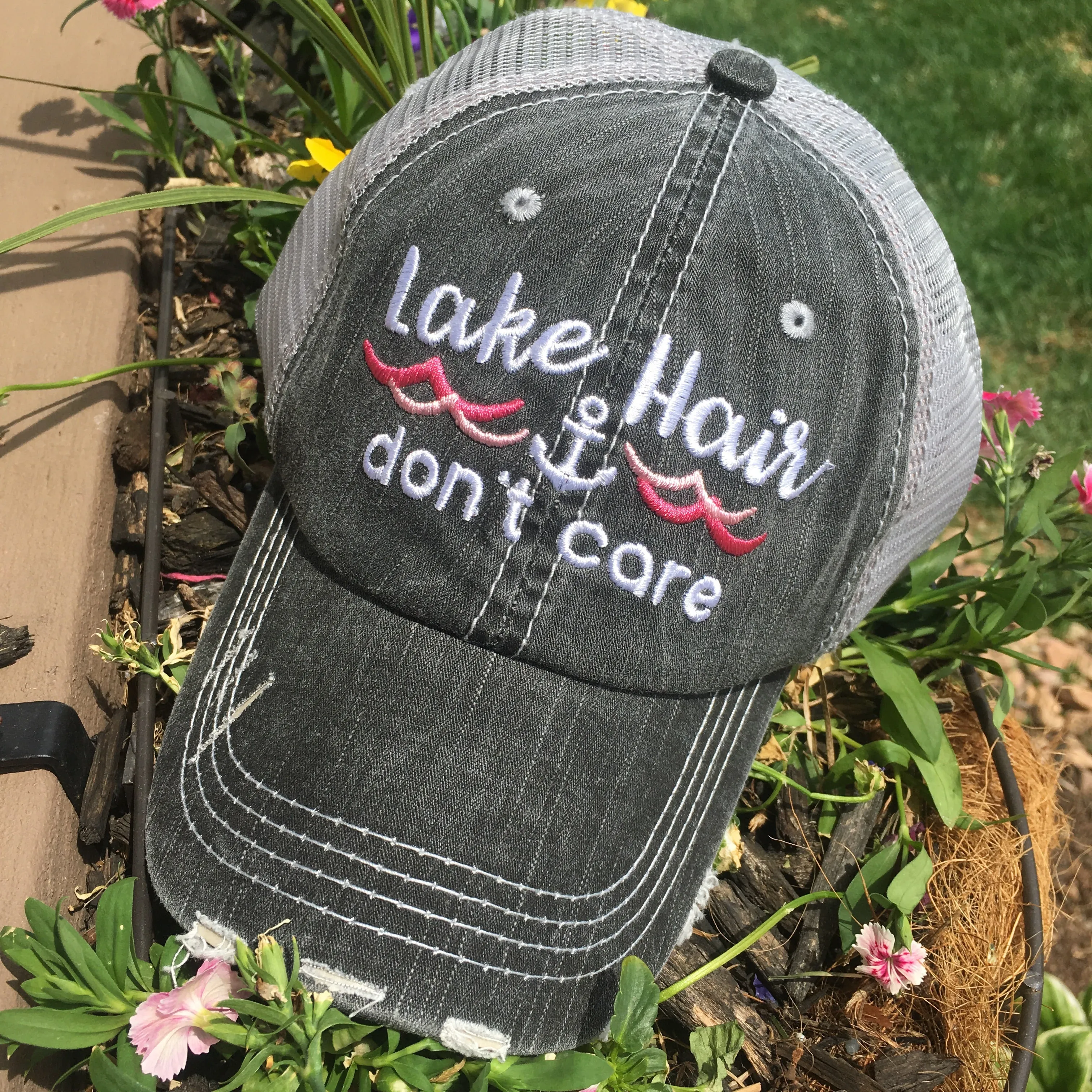 Lake hats! Lake hair dont care | Gray trucker cap-teal, pink, purple anchor | Unisex-Womens-Men-Kids