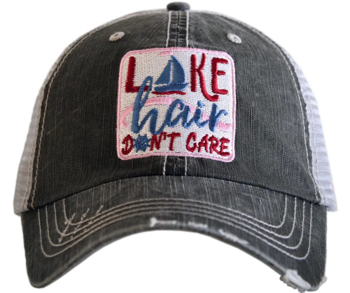 Lake hats! Lake hair dont care | Gray trucker cap-teal, pink, purple anchor | Unisex-Womens-Men-Kids