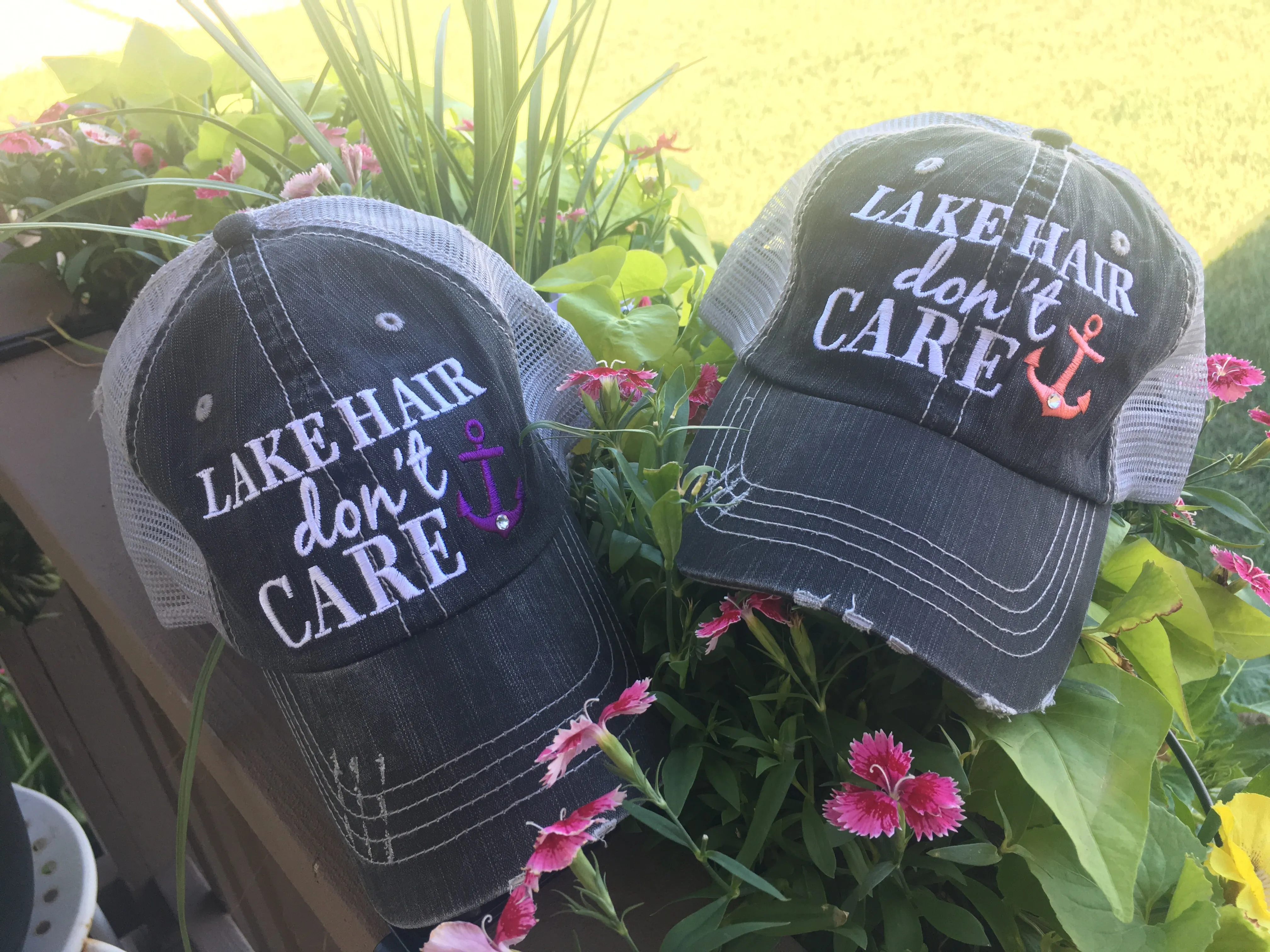 Lake hats! Lake hair dont care | Gray trucker cap-teal, pink, purple anchor | Unisex-Womens-Men-Kids