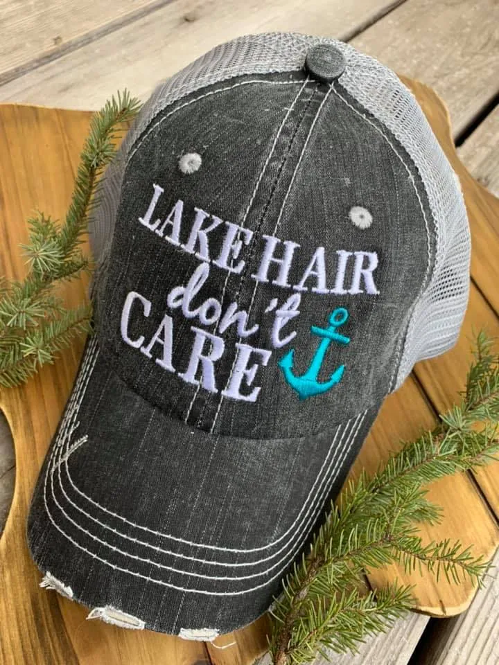 Lake hats! Lake hair dont care | Gray trucker cap-teal, pink, purple anchor | Unisex-Womens-Men-Kids