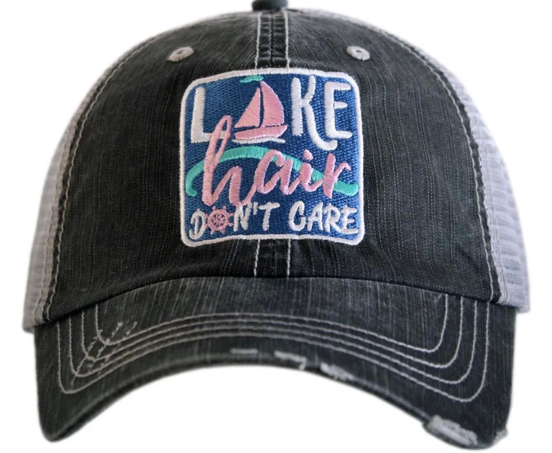 Lake hats! Lake hair dont care | Gray trucker cap-teal, pink, purple anchor | Unisex-Womens-Men-Kids