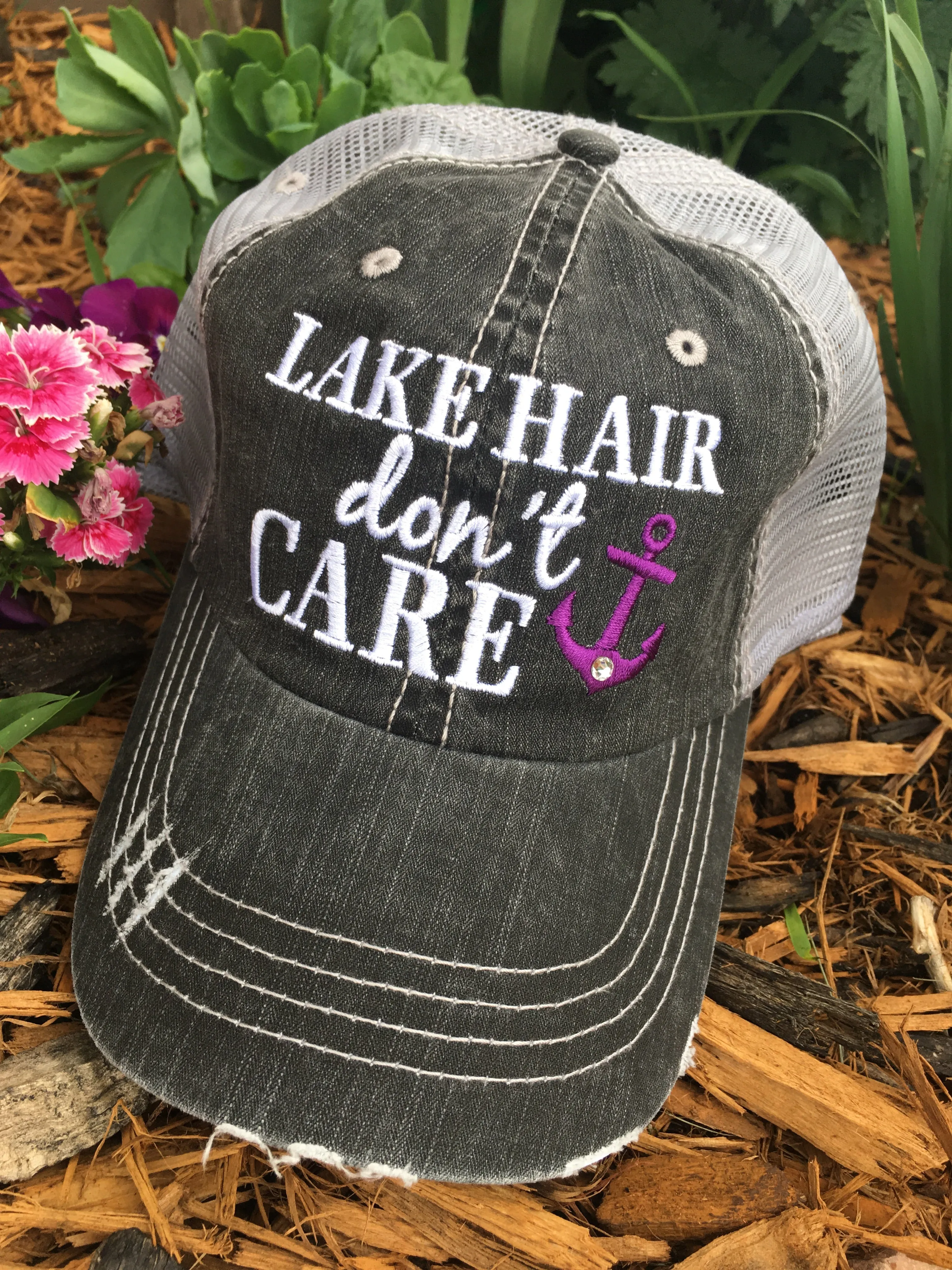 Lake hats! Lake hair dont care | Gray trucker cap-teal, pink, purple anchor | Unisex-Womens-Men-Kids