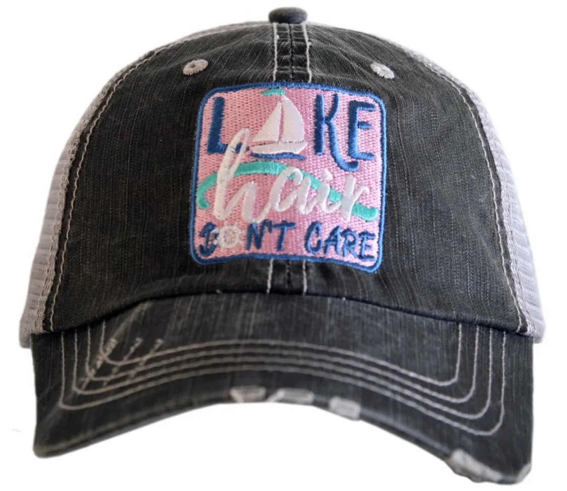 Lake hats! Lake hair dont care | Gray trucker cap-teal, pink, purple anchor | Unisex-Womens-Men-Kids