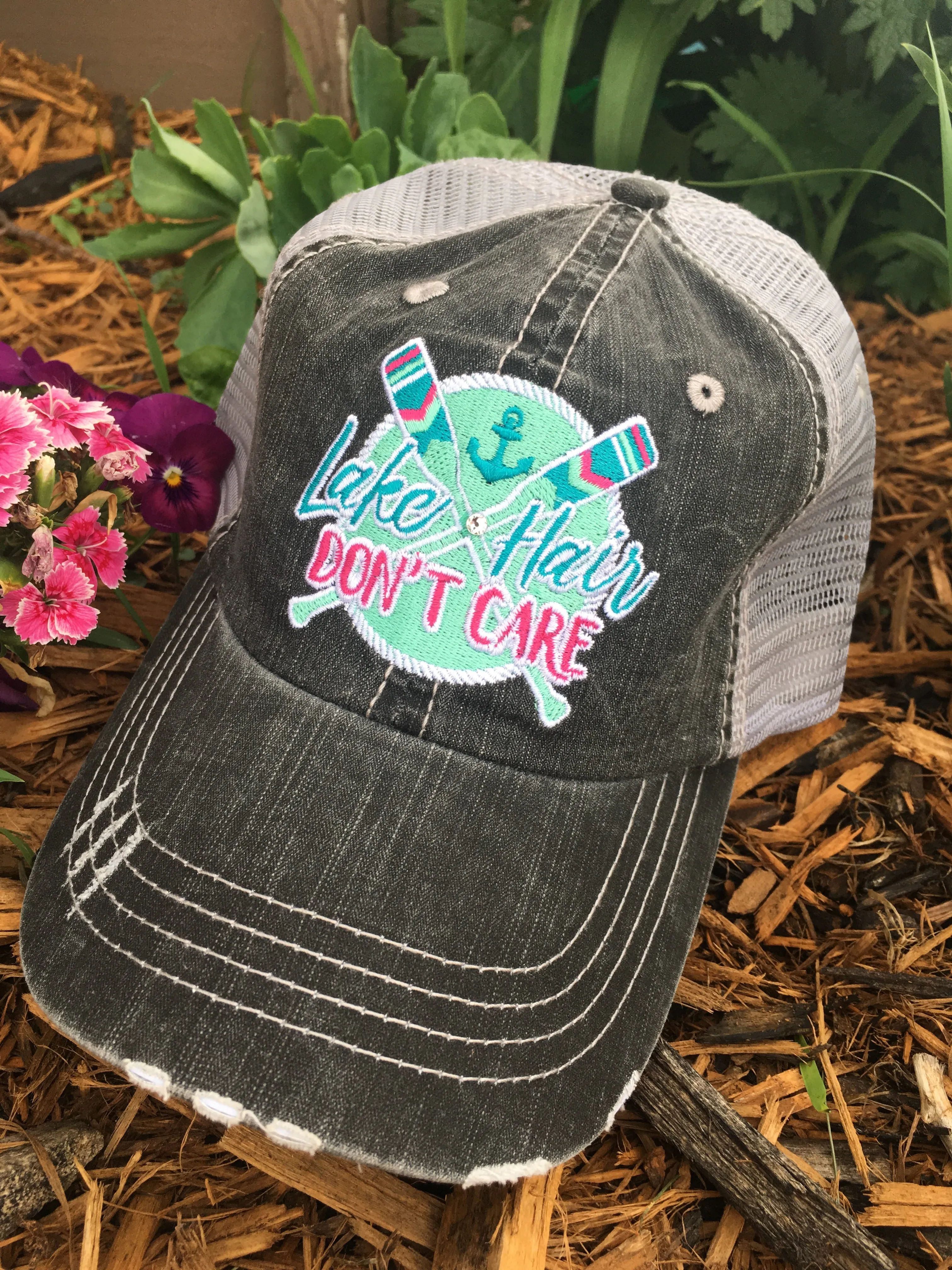 Lake hats! Lake hair dont care | Gray trucker cap-teal, pink, purple anchor | Unisex-Womens-Men-Kids