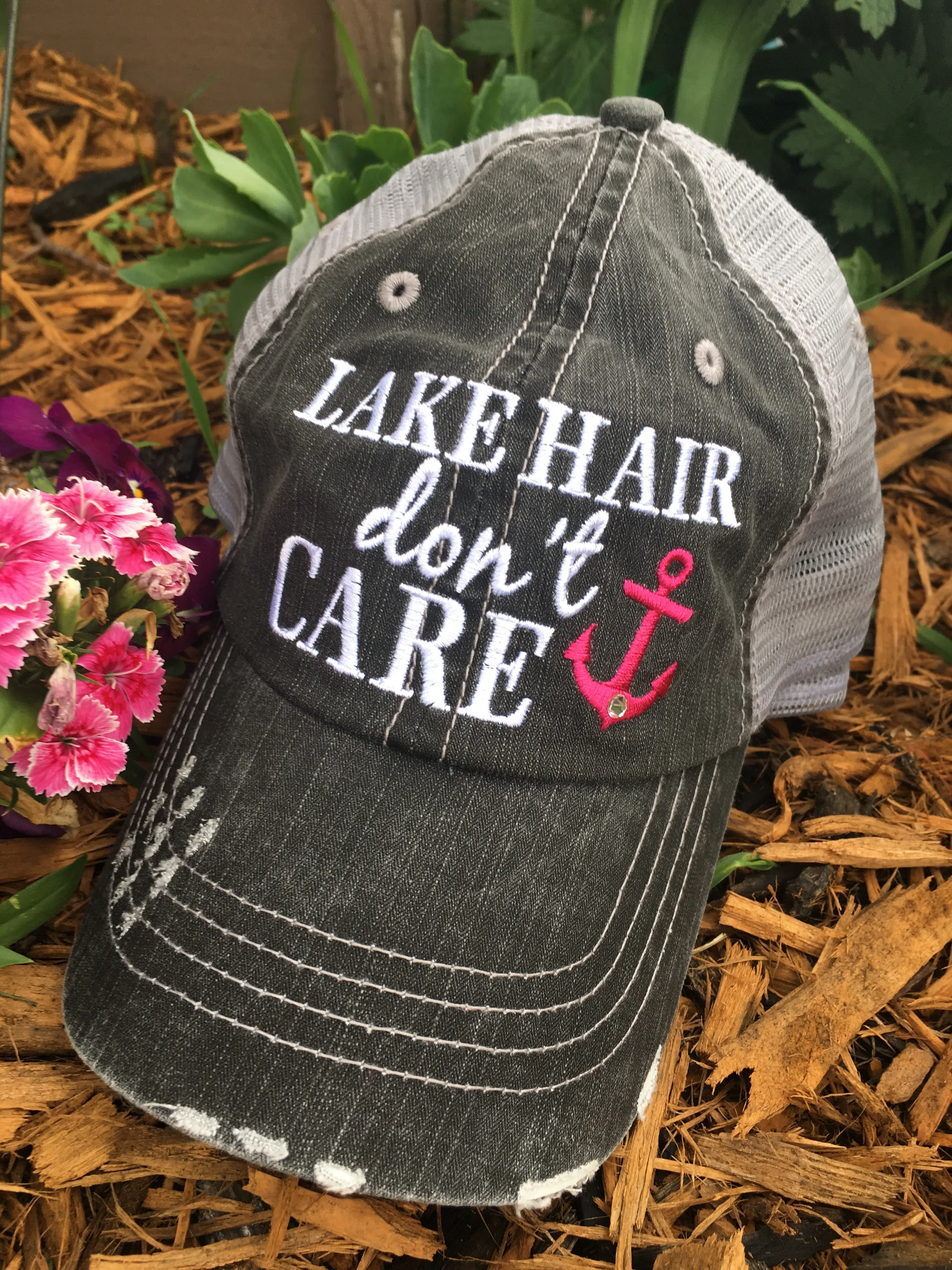 Lake hats! Lake hair dont care | Gray trucker cap-teal, pink, purple anchor | Unisex-Womens-Men-Kids