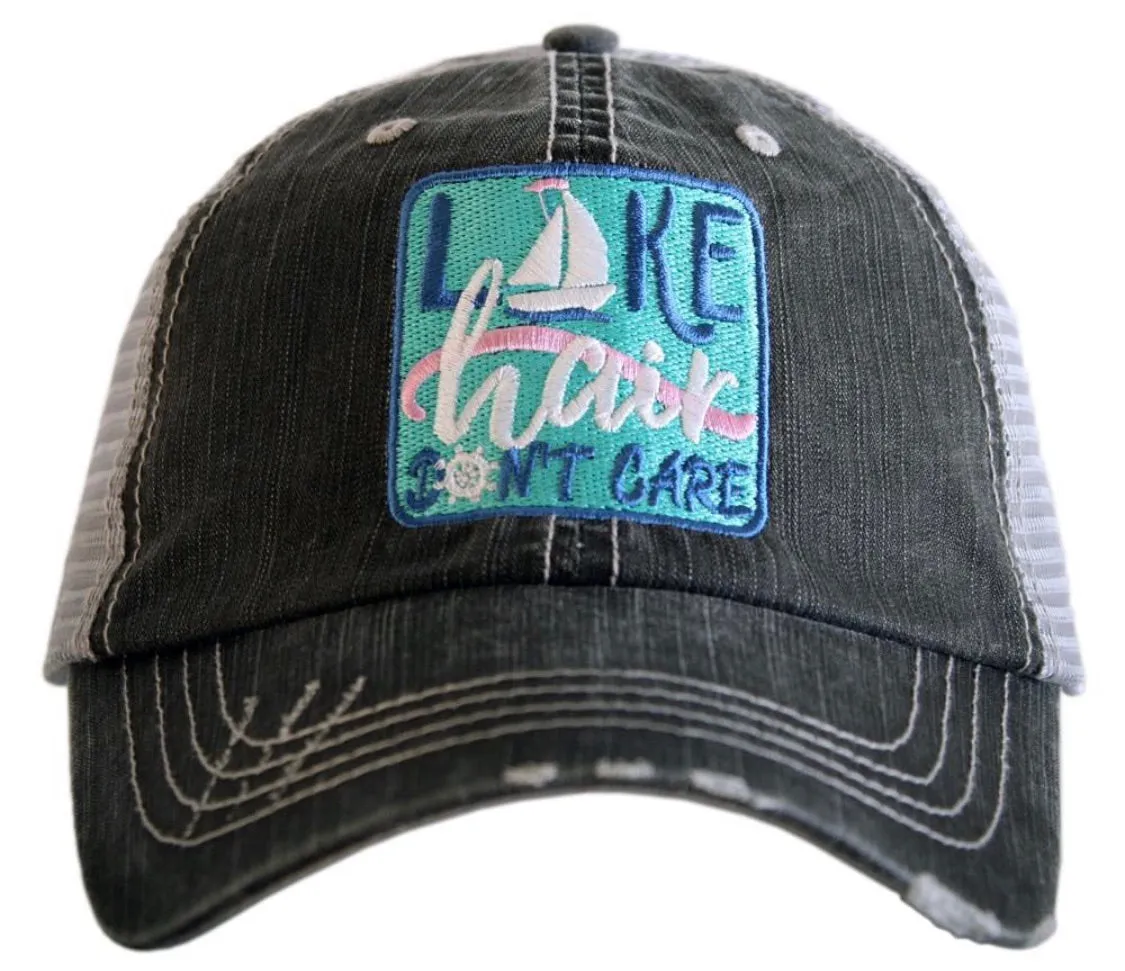 Lake hats! Lake hair dont care | Gray trucker cap-teal, pink, purple anchor | Unisex-Womens-Men-Kids