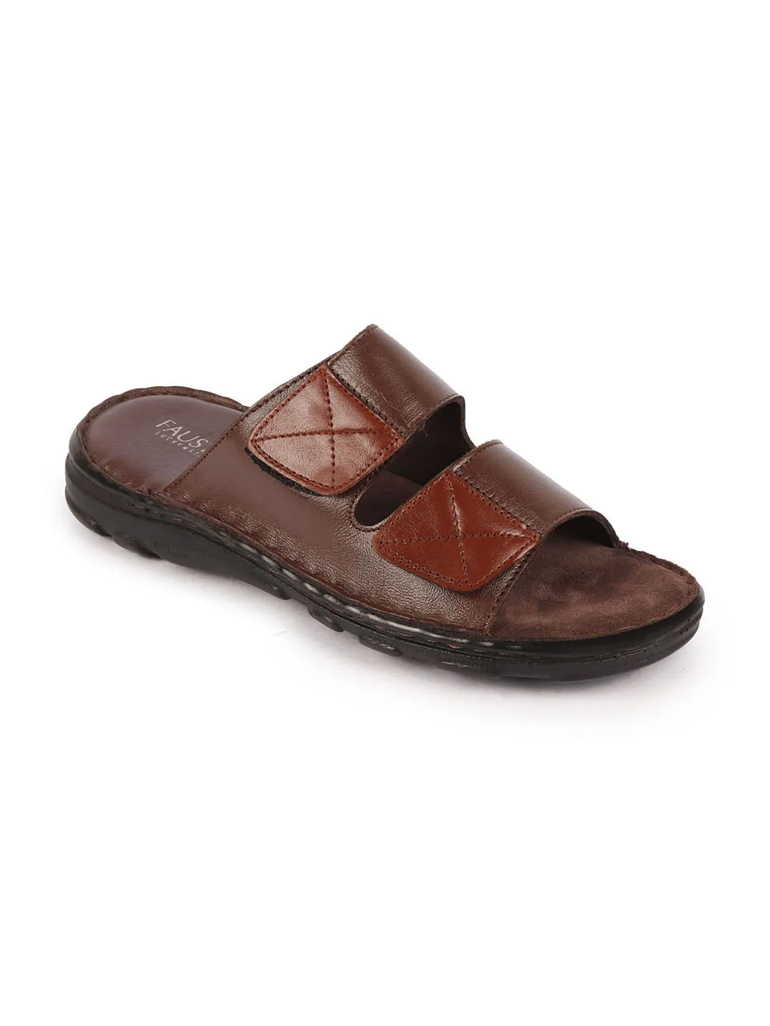 Men Brown Genuine Leather Adjustable Velcro Strap Broad Feet Open Toe Suede Leather Insole Slippers