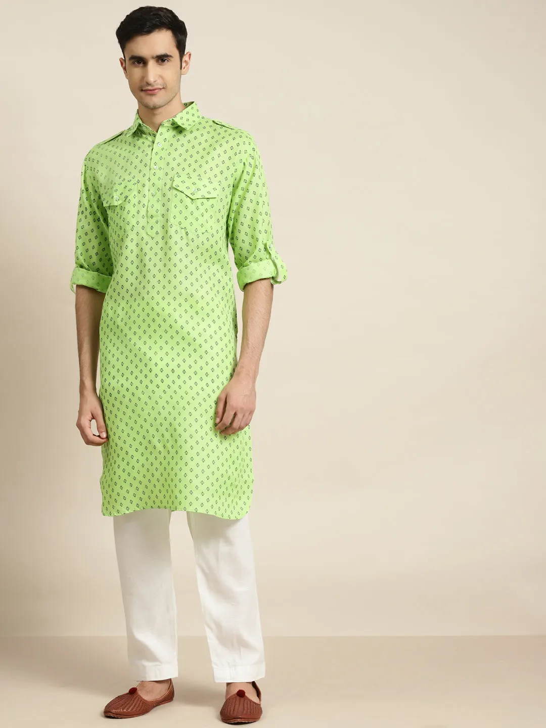 Men's Cotton Blend Green Pathani Kurta With Salwar Set - Sojanya