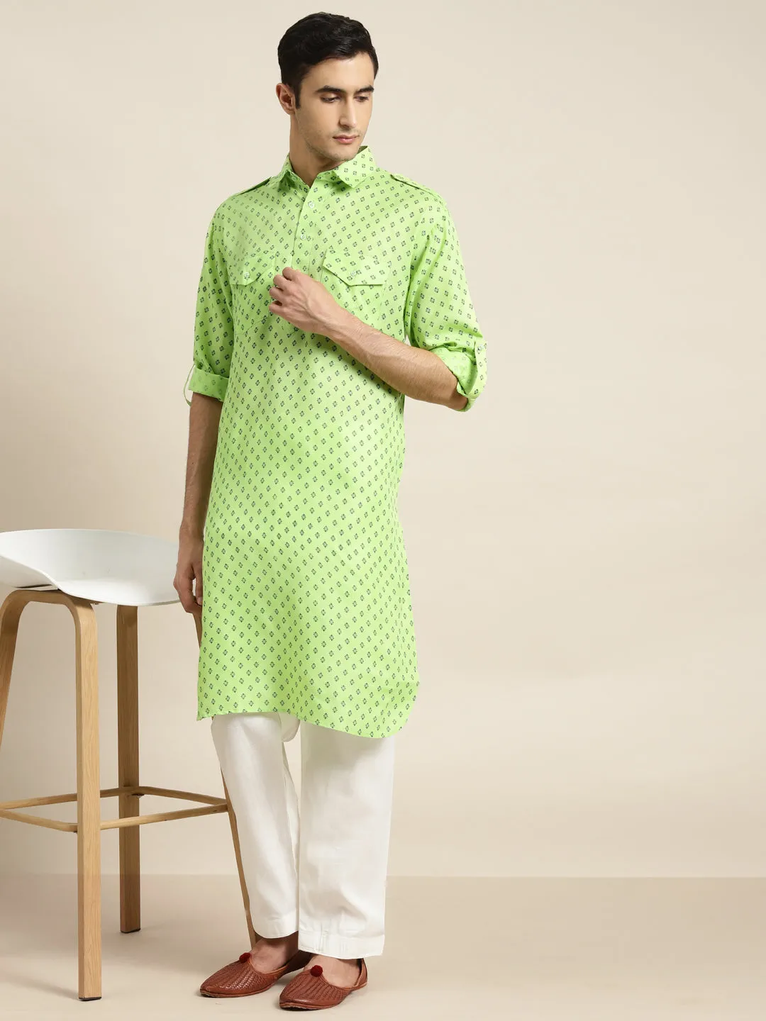 Men's Cotton Blend Green Pathani Kurta With Salwar Set - Sojanya