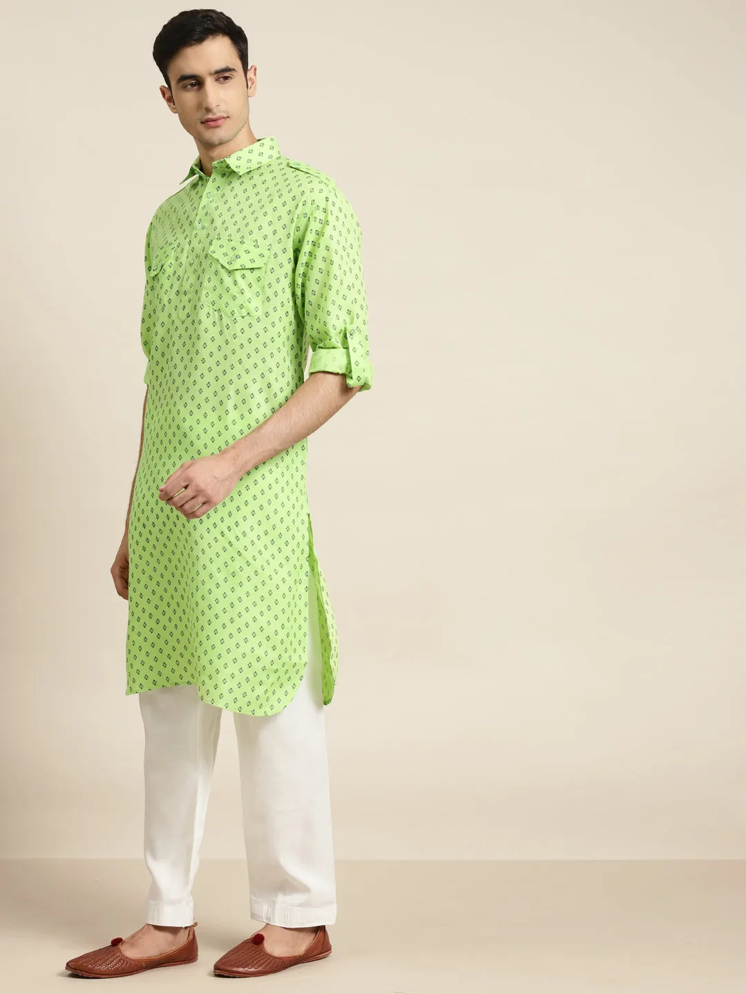 Men's Cotton Blend Green Pathani Kurta With Salwar Set - Sojanya