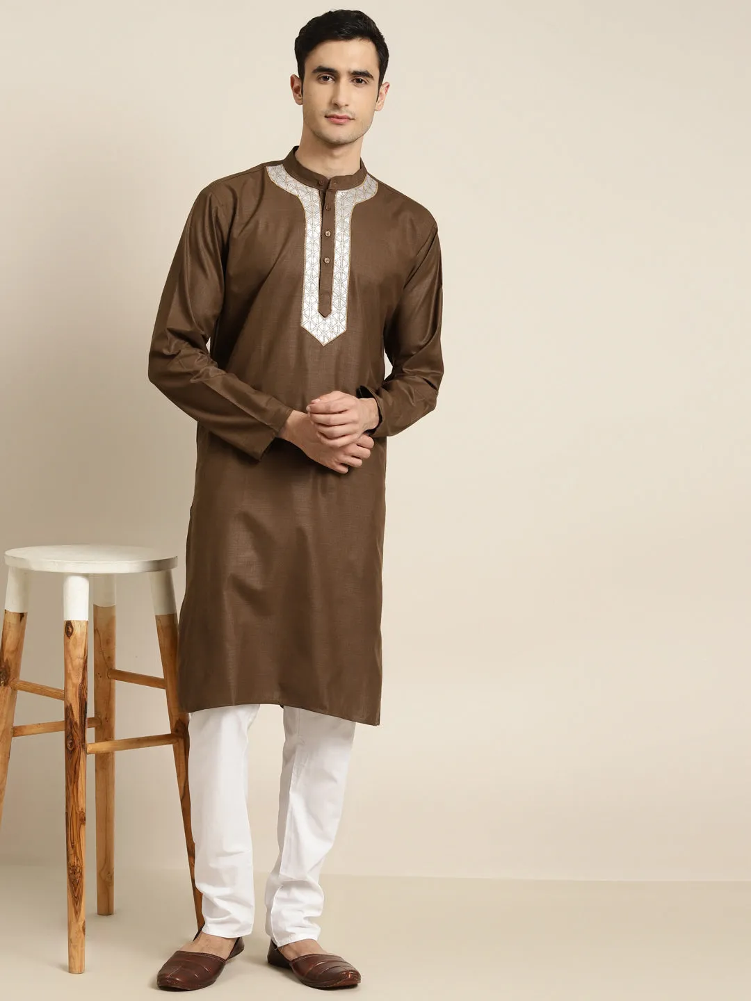 Men's Cotton Dark Olive Neck Embroidery Kurta & White Churidar Pyjama Set - Sojanya