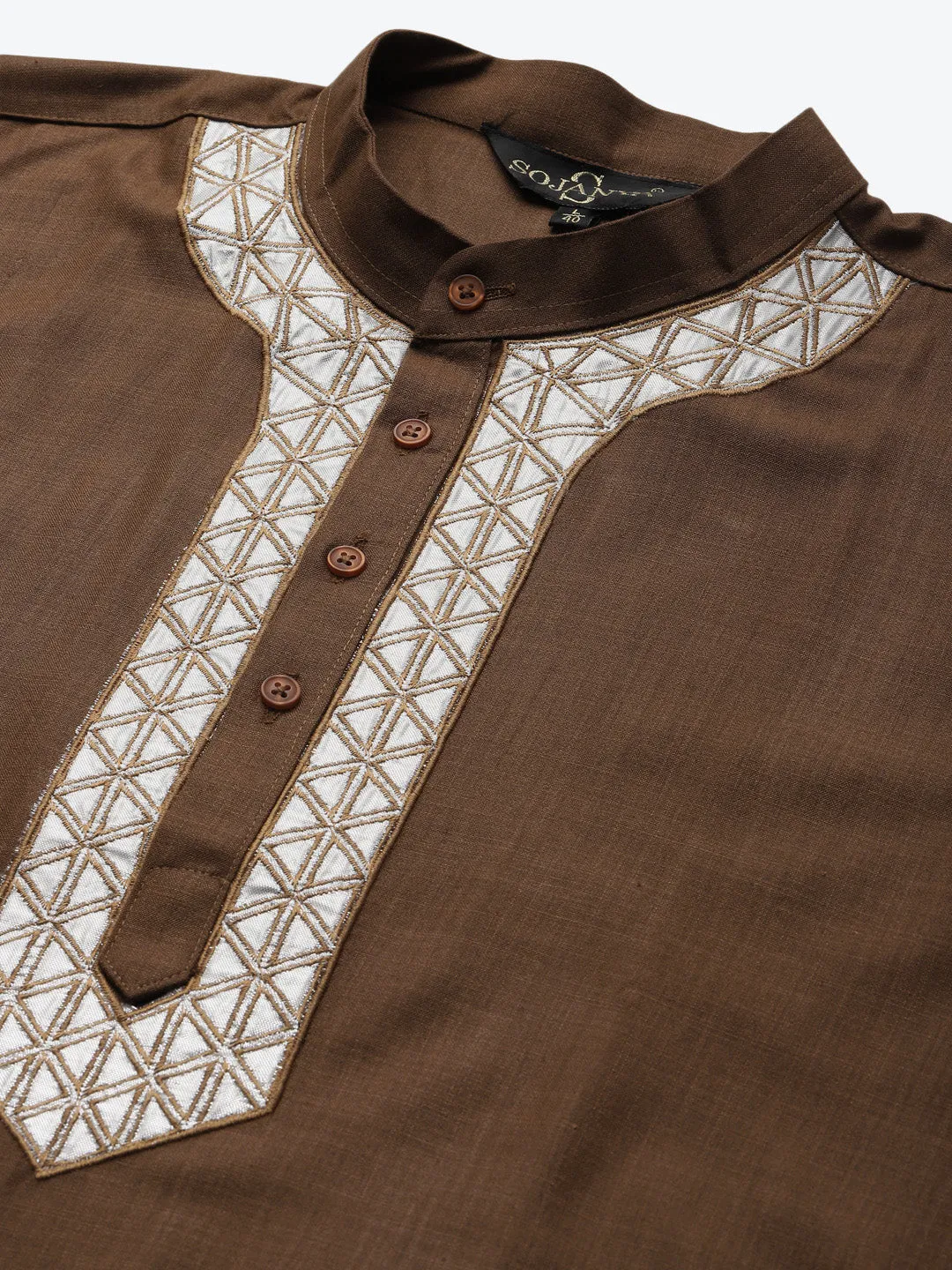 Men's Cotton Dark Olive Neck Embroidery Kurta & White Churidar Pyjama Set - Sojanya