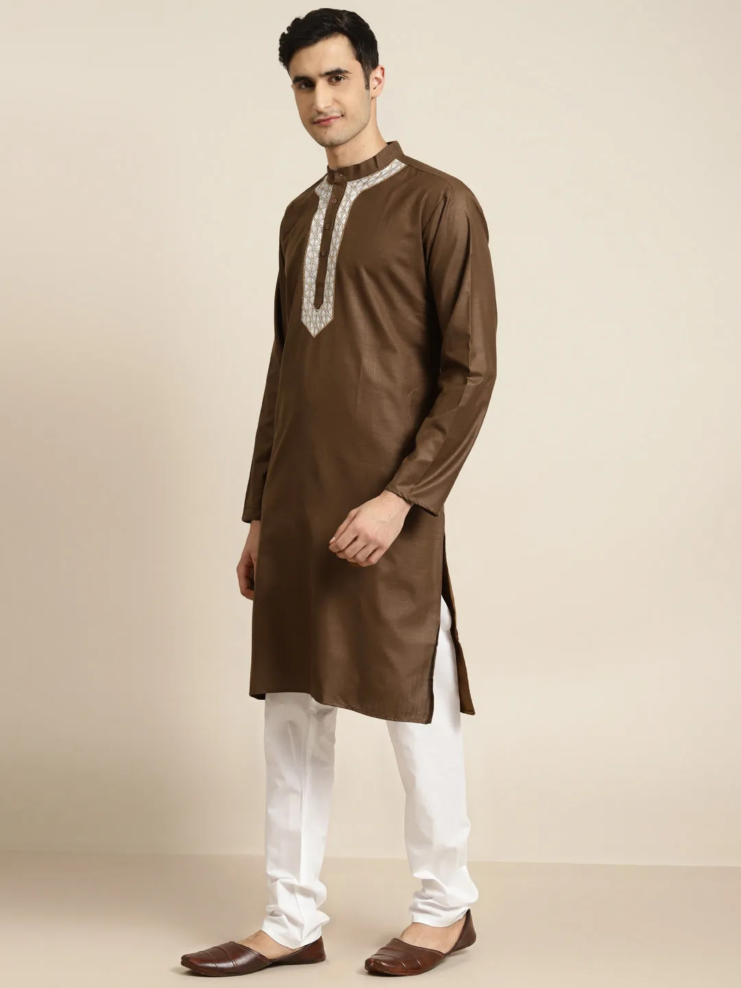 Men's Cotton Dark Olive Neck Embroidery Kurta & White Churidar Pyjama Set - Sojanya