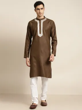 Men's Cotton Dark Olive Neck Embroidery Kurta & White Churidar Pyjama Set - Sojanya