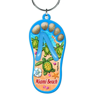 Miami Beach Sand Filled Foot Toes Sandal Flip Flop Keychain - Travel Souvenir Gift, Multicolor - Random Style Pick (1 Count)