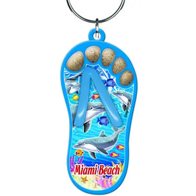 Miami Beach Sand Filled Foot Toes Sandal Flip Flop Keychain - Travel Souvenir Gift, Multicolor - Random Style Pick (1 Count)