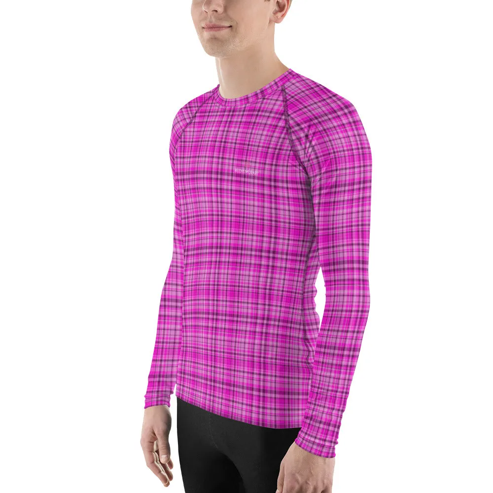 Pink Plaid Print Rash Guard, Plaid Print Designer Men's Rash Guards For Water Sports - Made in USA/EU/MX