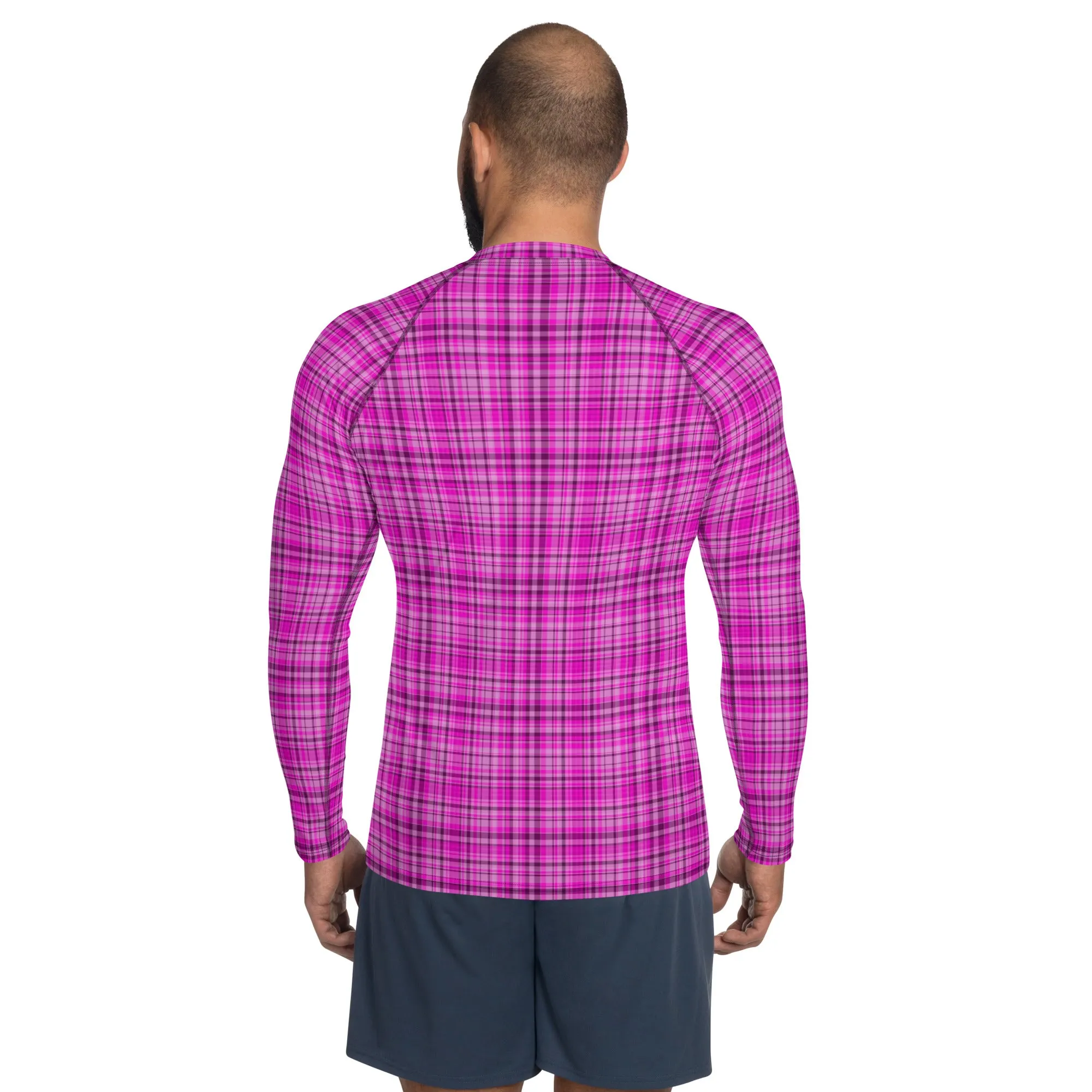 Pink Plaid Print Rash Guard, Plaid Print Designer Men's Rash Guards For Water Sports - Made in USA/EU/MX