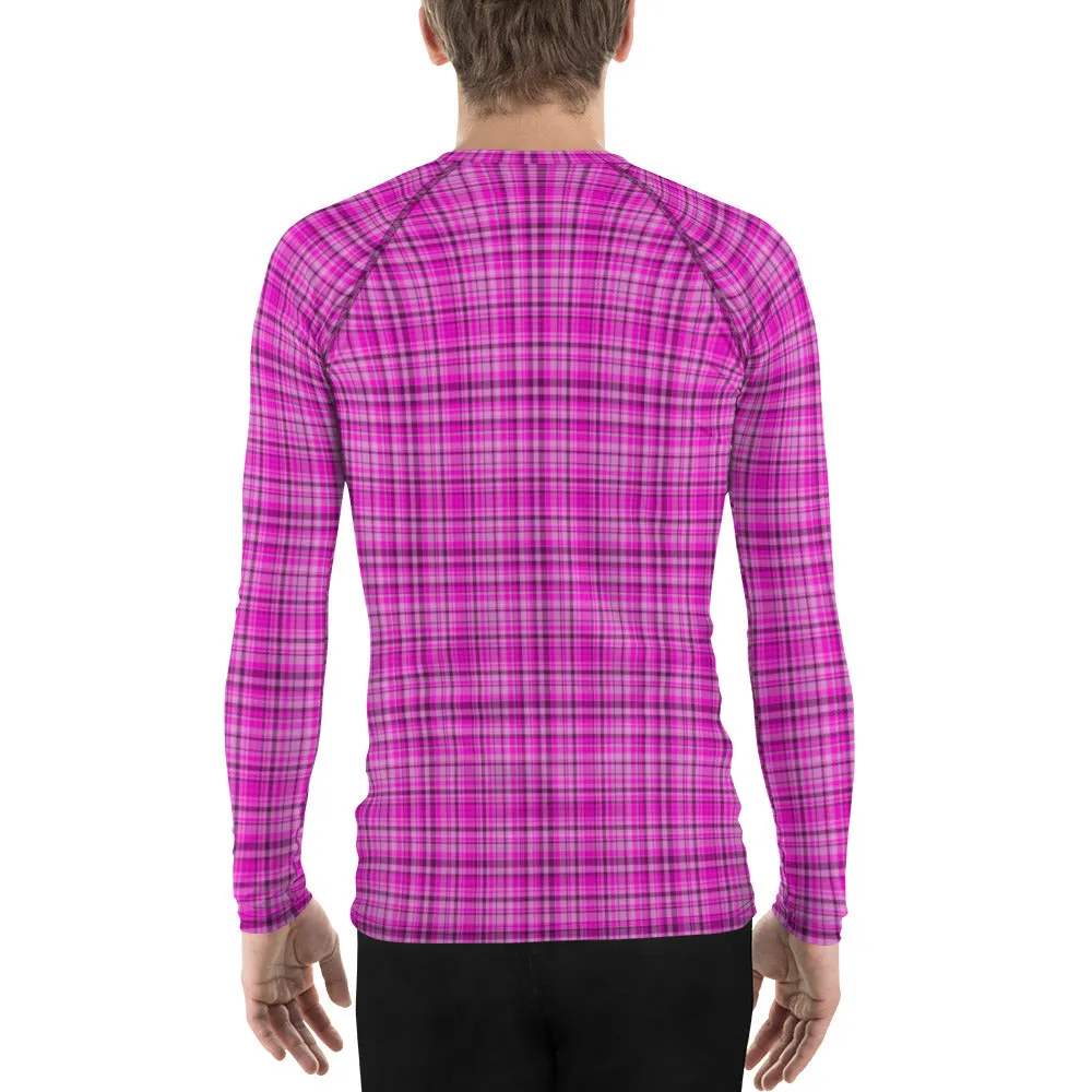 Pink Plaid Print Rash Guard, Plaid Print Designer Men's Rash Guards For Water Sports - Made in USA/EU/MX