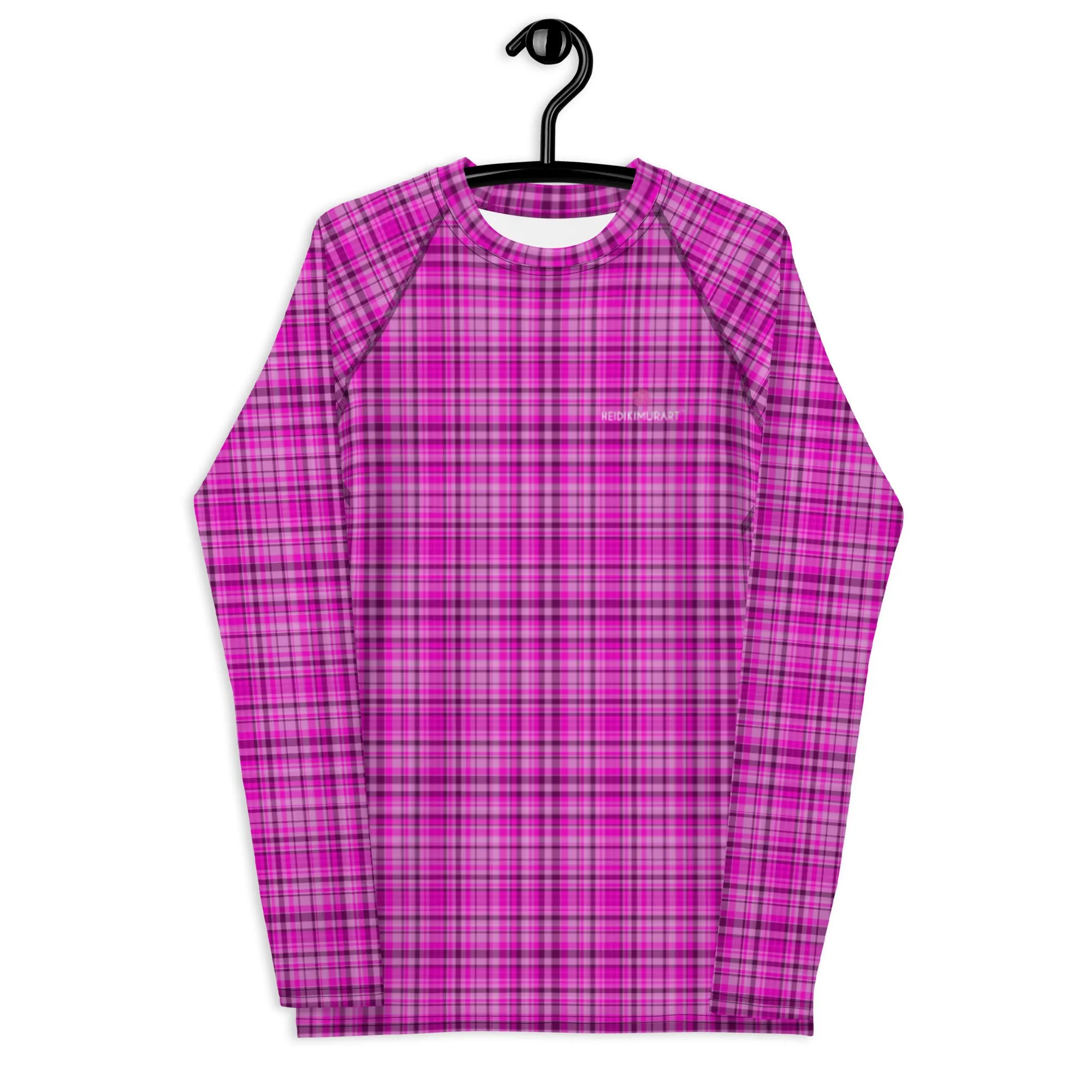 Pink Plaid Print Rash Guard, Plaid Print Designer Men's Rash Guards For Water Sports - Made in USA/EU/MX