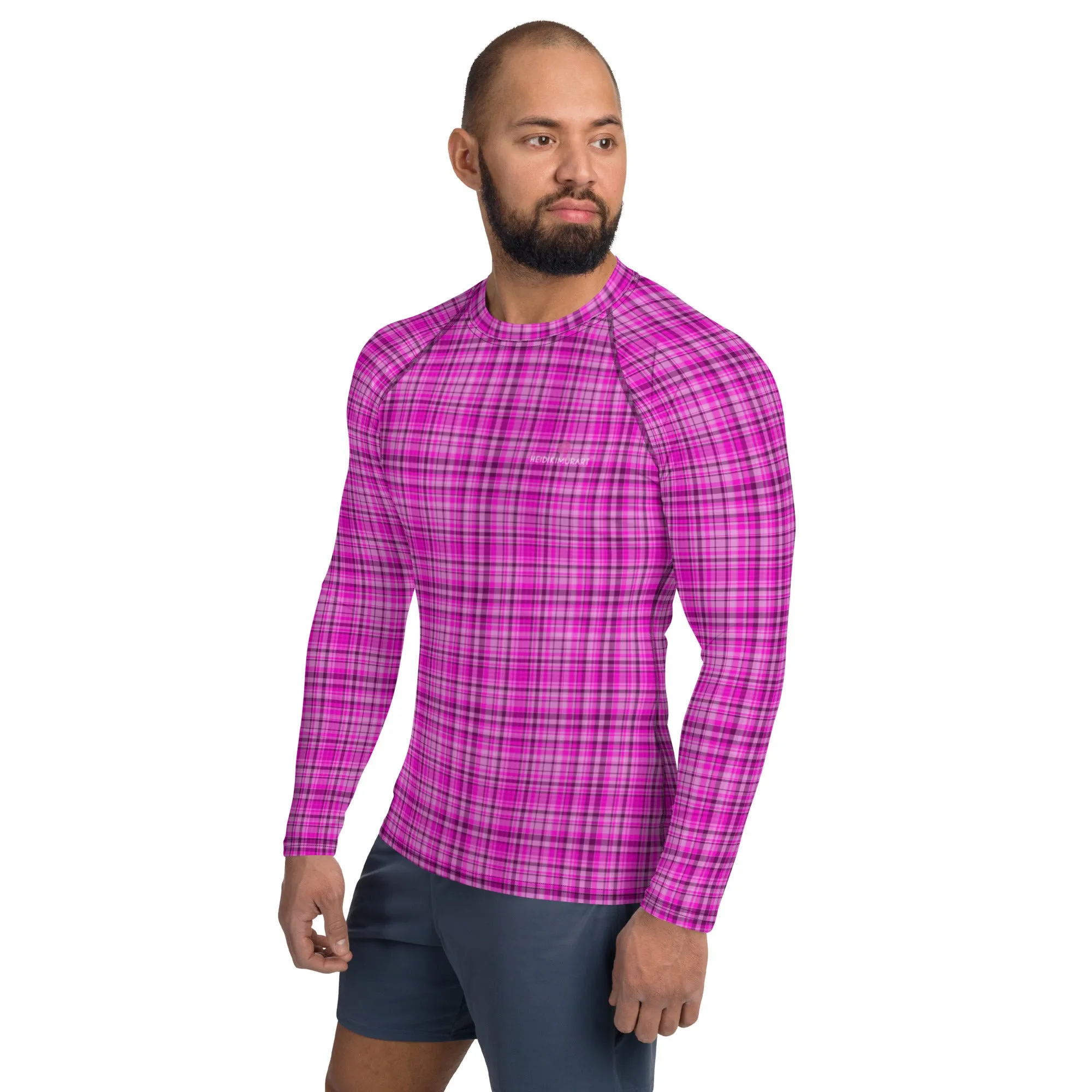 Pink Plaid Print Rash Guard, Plaid Print Designer Men's Rash Guards For Water Sports - Made in USA/EU/MX