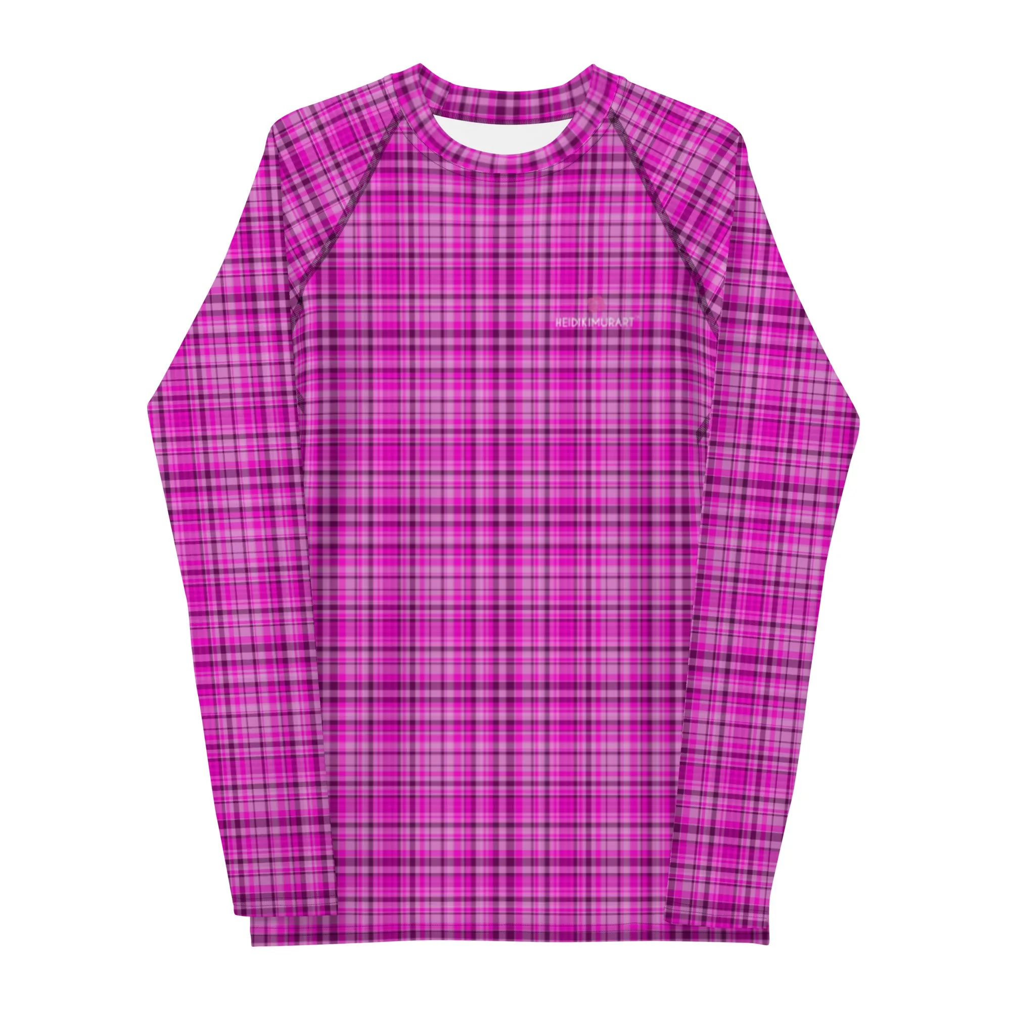 Pink Plaid Print Rash Guard, Plaid Print Designer Men's Rash Guards For Water Sports - Made in USA/EU/MX