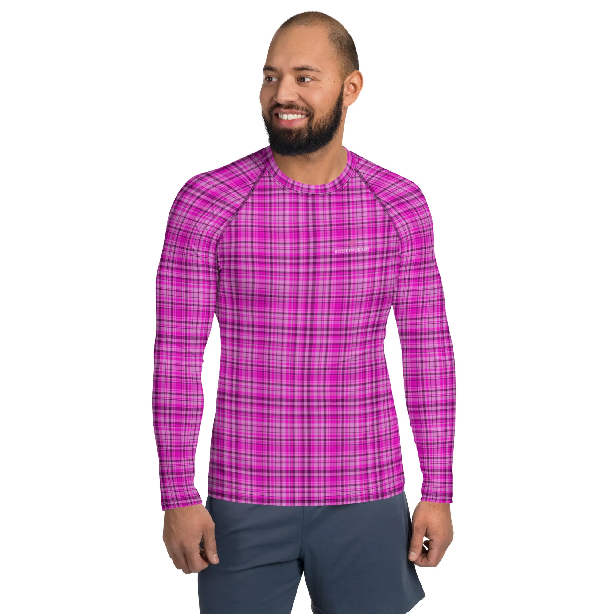 Pink Plaid Print Rash Guard, Plaid Print Designer Men's Rash Guards For Water Sports - Made in USA/EU/MX