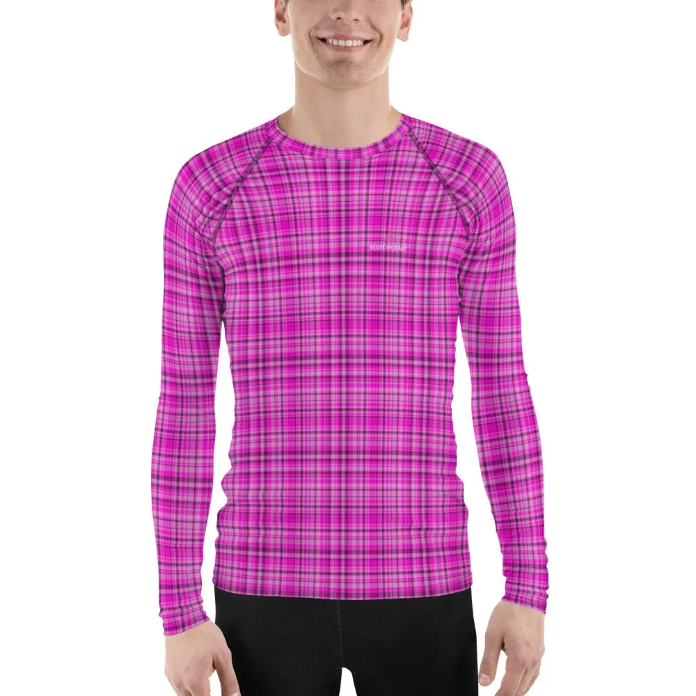 Pink Plaid Print Rash Guard, Plaid Print Designer Men's Rash Guards For Water Sports - Made in USA/EU/MX