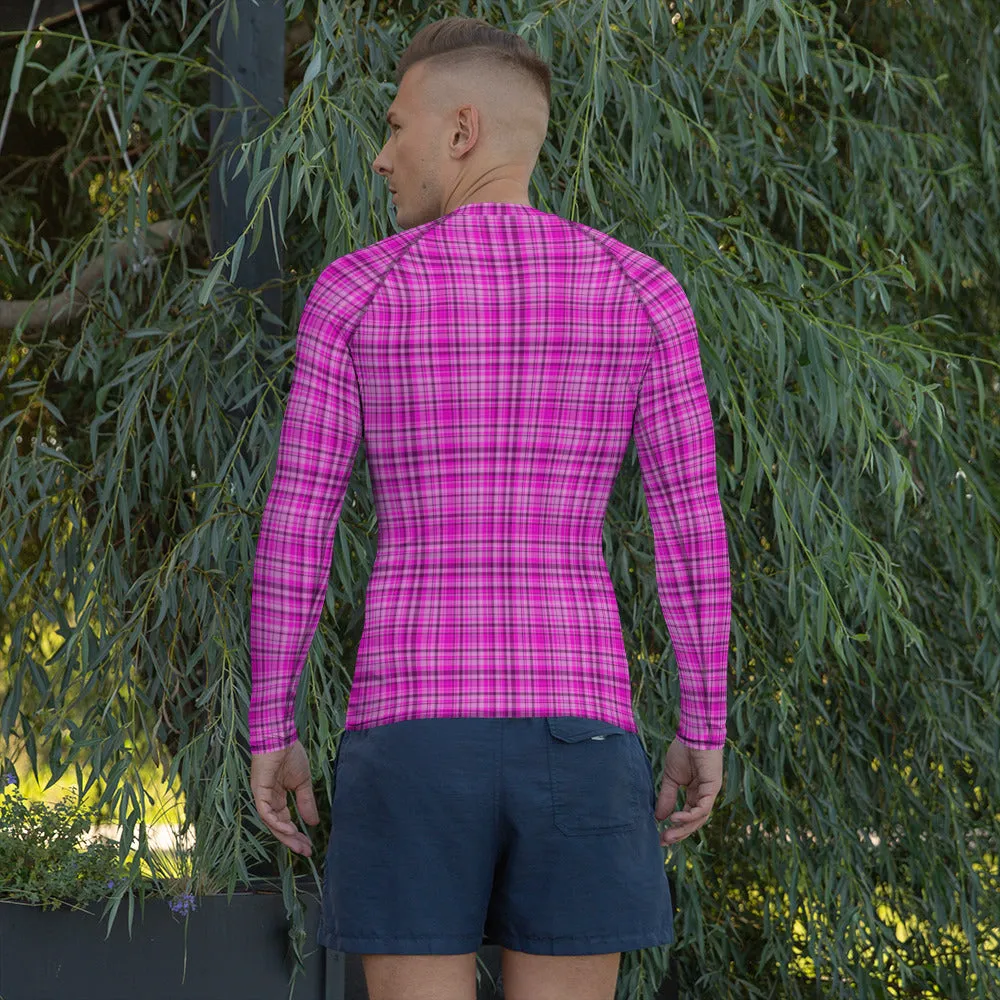 Pink Plaid Print Rash Guard, Plaid Print Designer Men's Rash Guards For Water Sports - Made in USA/EU/MX