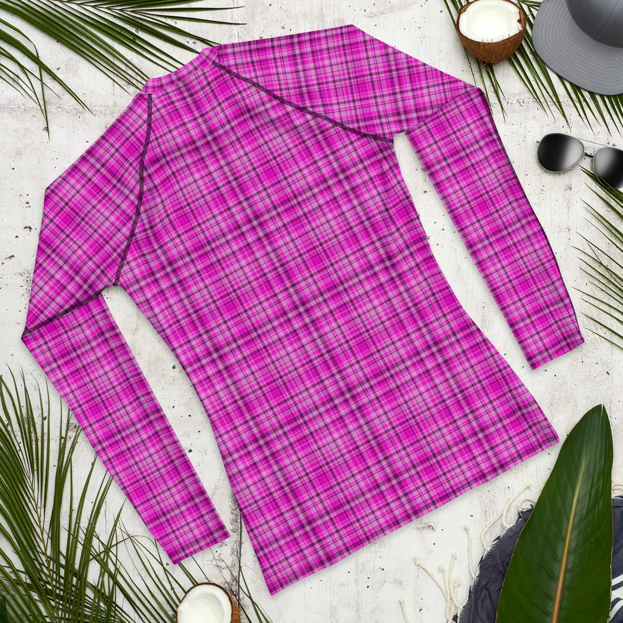 Pink Plaid Print Rash Guard, Plaid Print Designer Men's Rash Guards For Water Sports - Made in USA/EU/MX