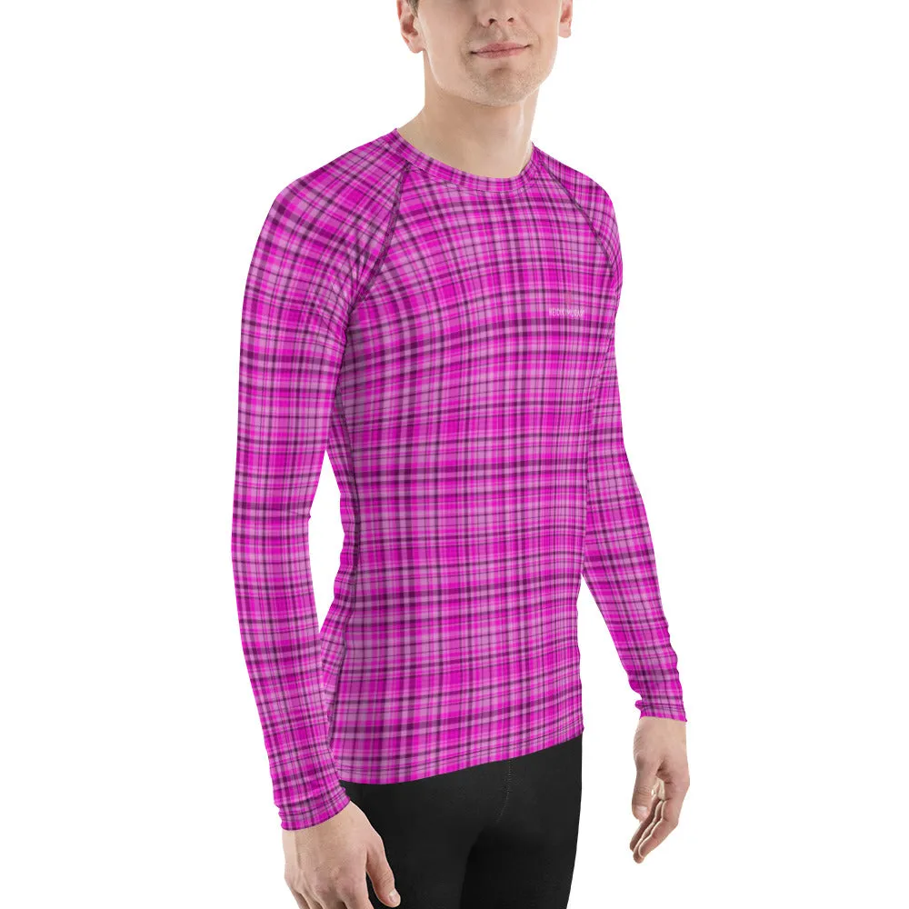 Pink Plaid Print Rash Guard, Plaid Print Designer Men's Rash Guards For Water Sports - Made in USA/EU/MX