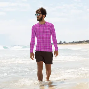 Pink Plaid Print Rash Guard, Plaid Print Designer Men's Rash Guards For Water Sports - Made in USA/EU/MX