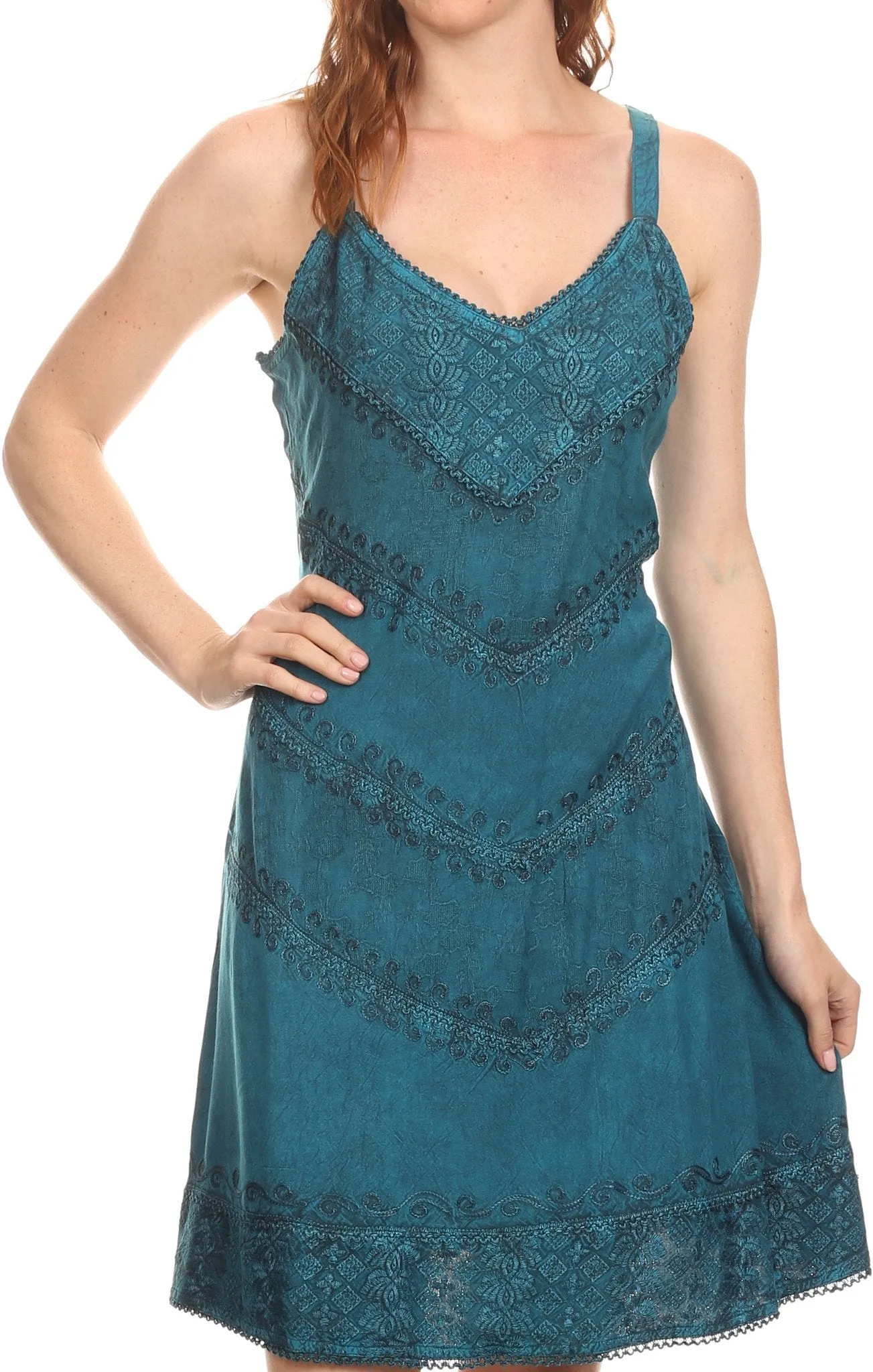 Sakkas Rhyder Mid Strapless Spaghetti Strap Adjustable Embroidered Batik Dress