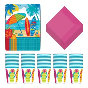 Summer Party Beach Flip Flops Paper Dessert Plates, Napkins, and Cups (Serves 18) - Beach and Pool Party Theme Party Decorations