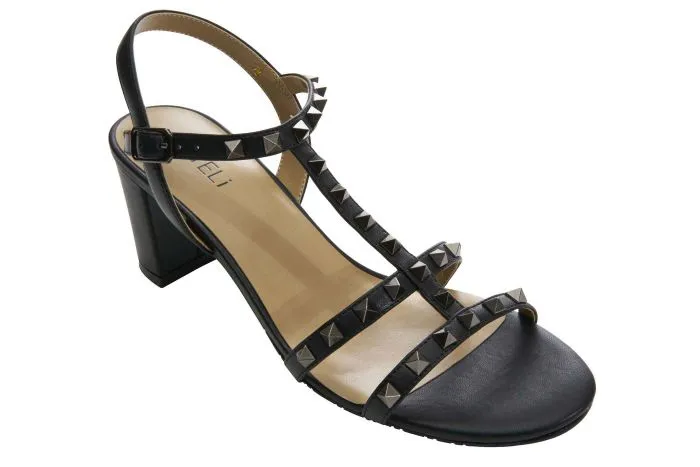 The Mid Heel Pyramid Stud Sandal in Black