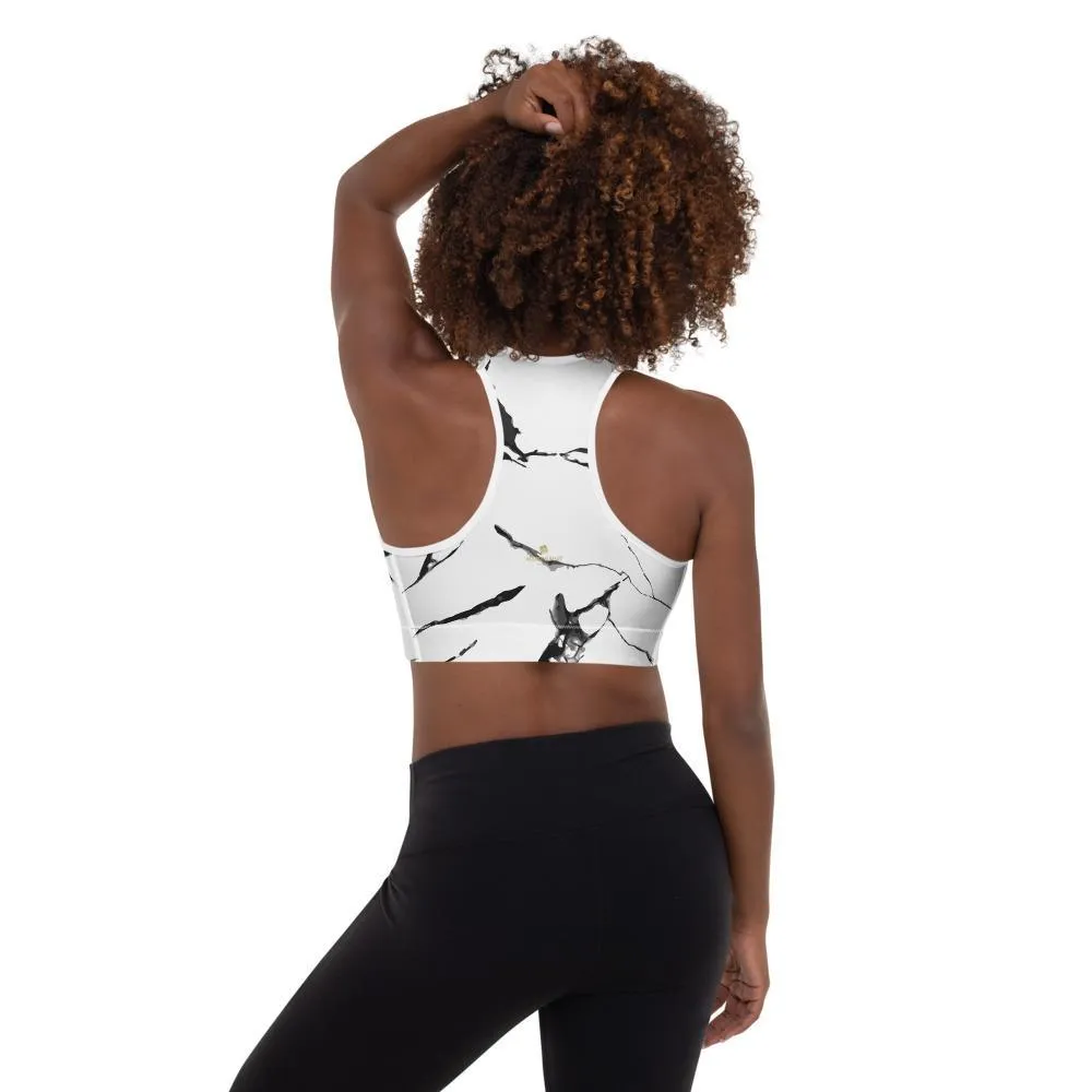 White Gray Marble Sports Bra, Abstract Print Women's Padded Gym Bra- Made in USA/ EU