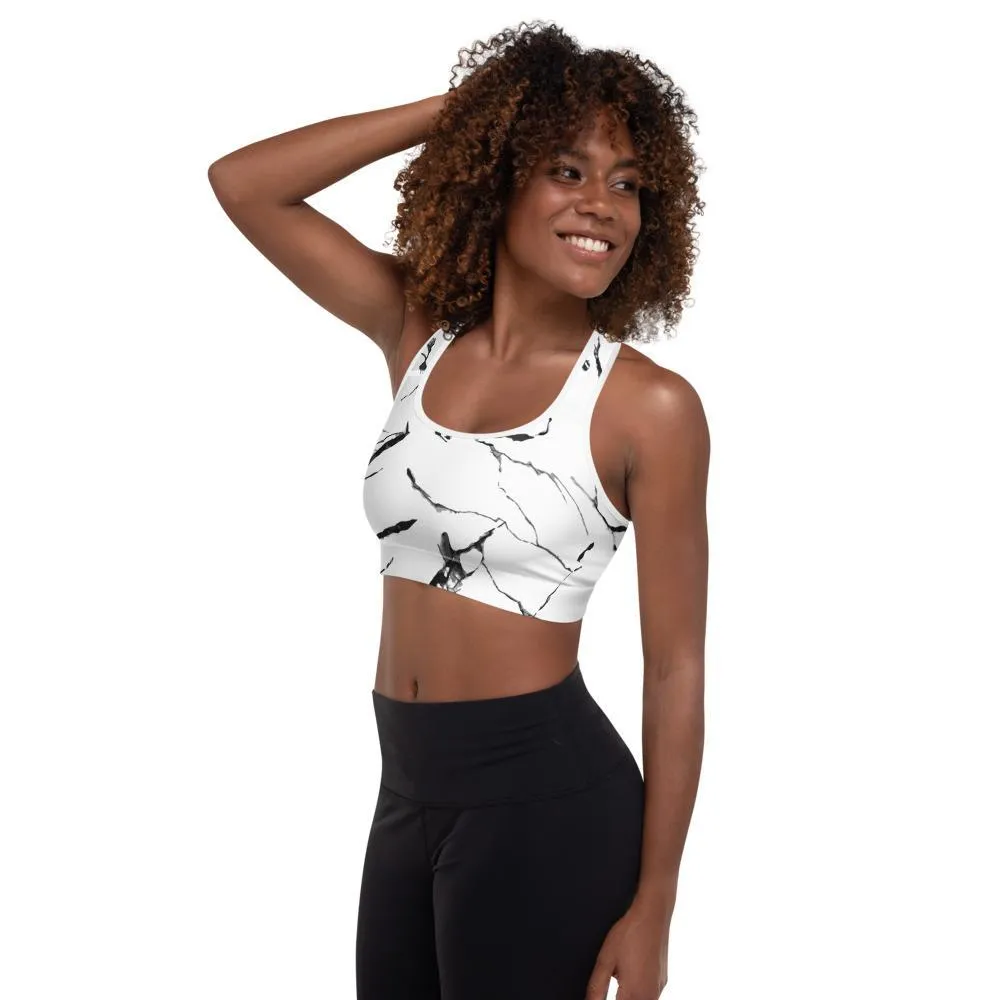 White Gray Marble Sports Bra, Abstract Print Women's Padded Gym Bra- Made in USA/ EU