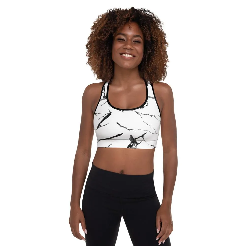 White Gray Marble Sports Bra, Abstract Print Women's Padded Gym Bra- Made in USA/ EU