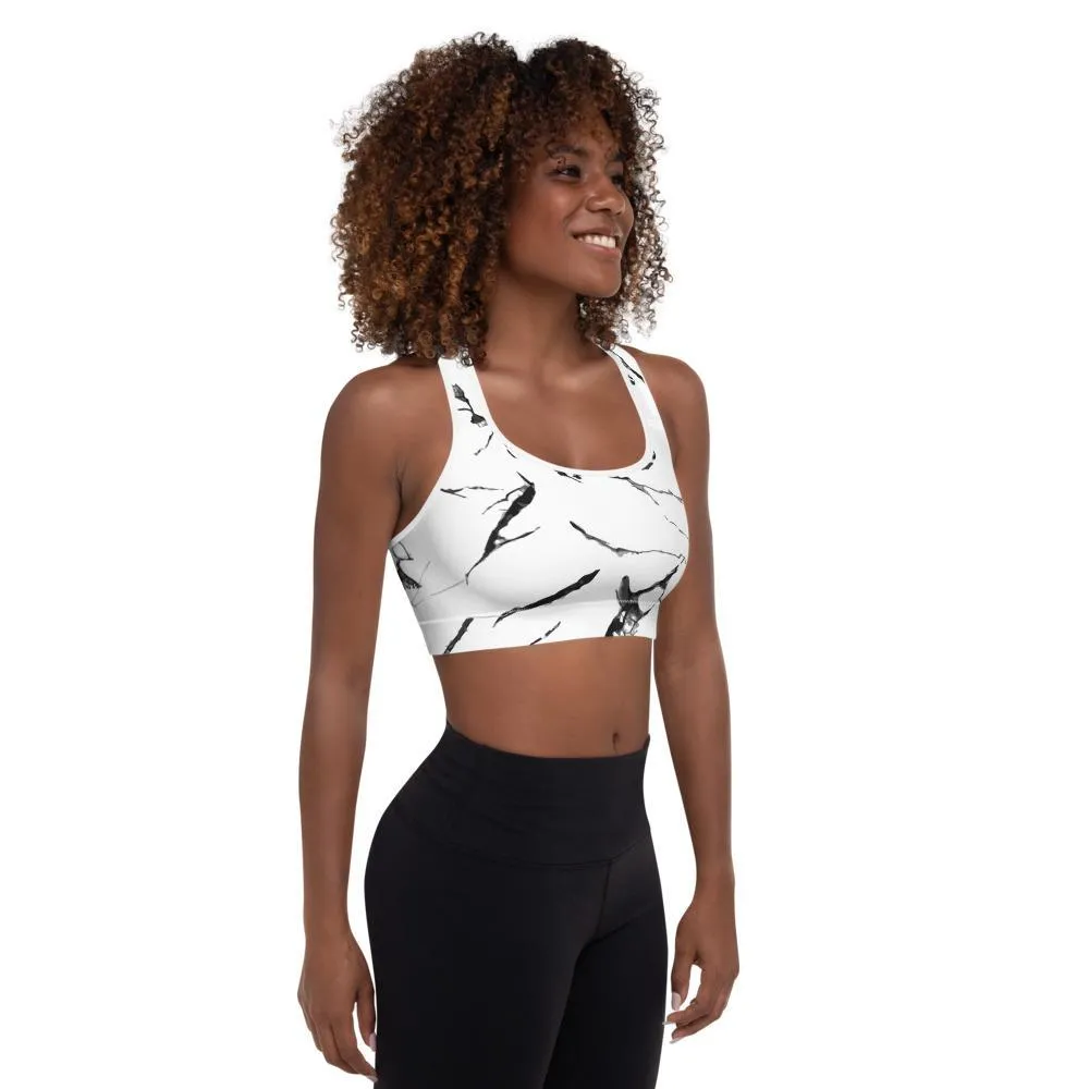 White Gray Marble Sports Bra, Abstract Print Women's Padded Gym Bra- Made in USA/ EU