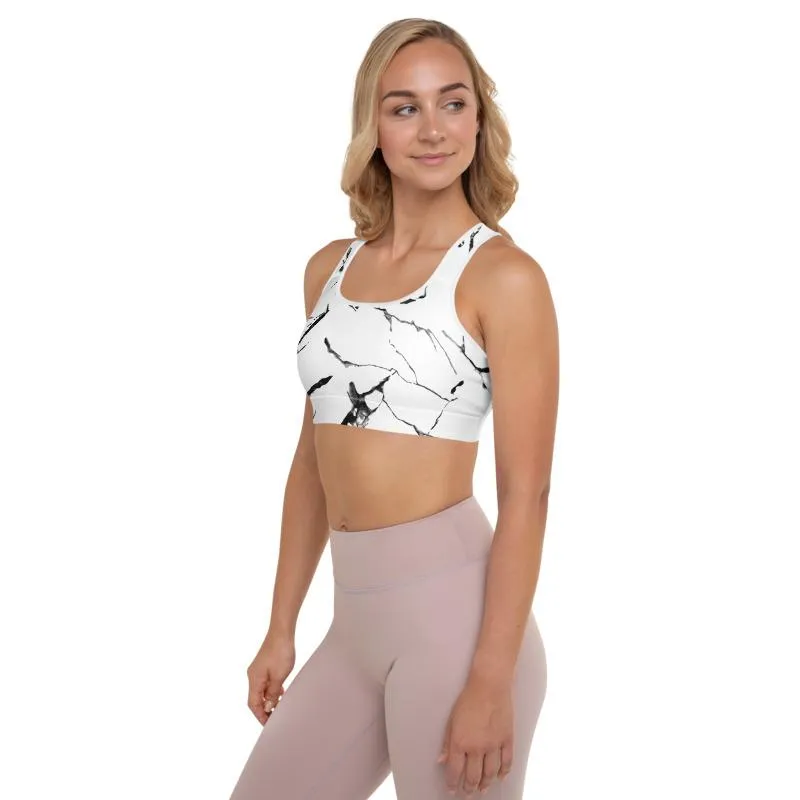 White Gray Marble Sports Bra, Abstract Print Women's Padded Gym Bra- Made in USA/ EU