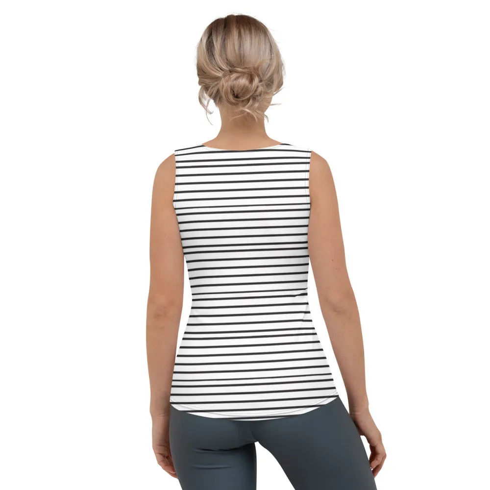 White Striped Women's Tank Top, Modern Stripes Print Designer Crew Beck Tank Top For Women- Made in USA/EU/MX (US Size: XS-XL)