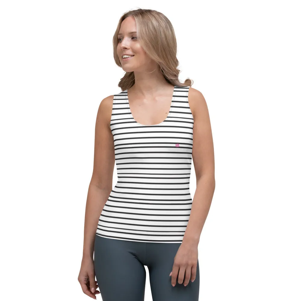 White Striped Women's Tank Top, Modern Stripes Print Designer Crew Beck Tank Top For Women- Made in USA/EU/MX (US Size: XS-XL)