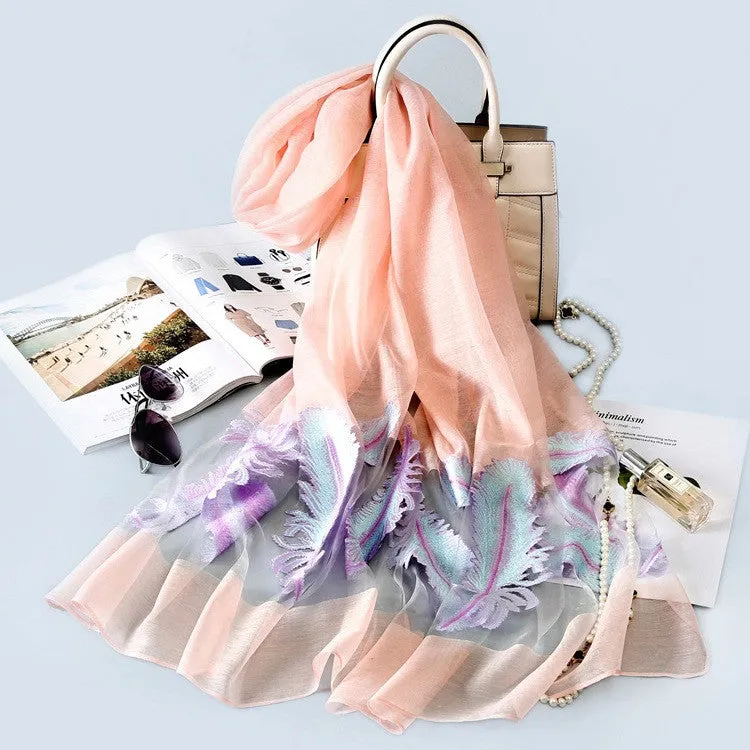 Women Organza Feather Pattern Long Scarf Lady's Organza Shawls Thin Soft Head Kerchief Summer Neckerchief Women’s Wraps Spring Autumn