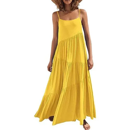 Women's Summer Casual Loose Sleeveless Spaghetti Strap Asymmetric Tiered Beach Maxi Long Dress