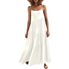 Women's Summer Casual Loose Sleeveless Spaghetti Strap Asymmetric Tiered Beach Maxi Long Dress